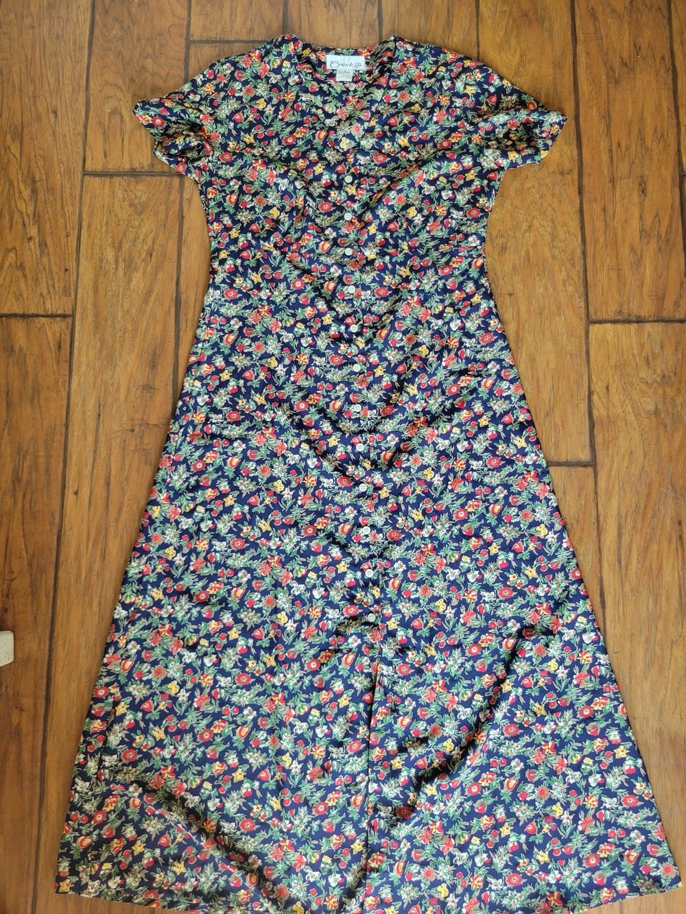 Vintage Floral Button-Front Midi Dress - Navy with Red & Cream Flowers
